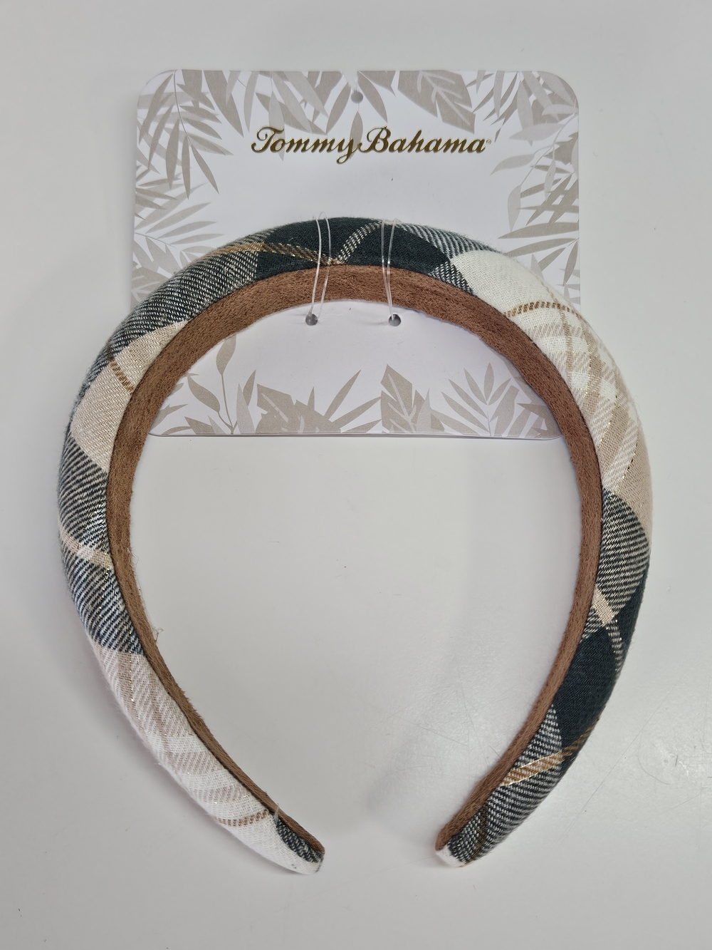 NEW Tommy Bahama Tan and Green Gold Thread Plaid Padded Headband